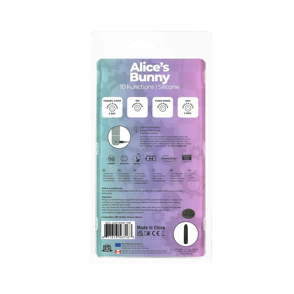 Powerbullet Alice's Bunny Rechargeable Bullet Vibrator with Silicone Rabbit Sleeve Pink - Image 7