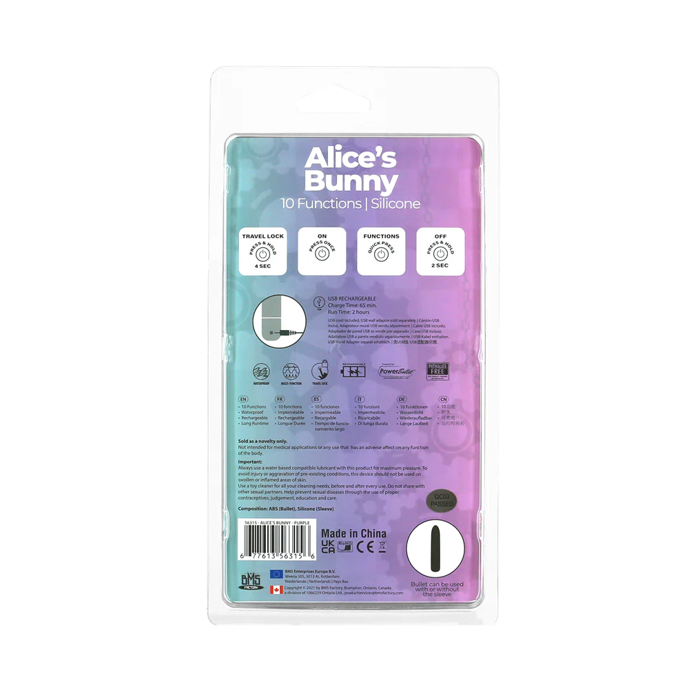 Powerbullet Alice's Bunny Rechargeable Bullet Vibrator with Silicone Rabbit Sleeve Purple - Image 6