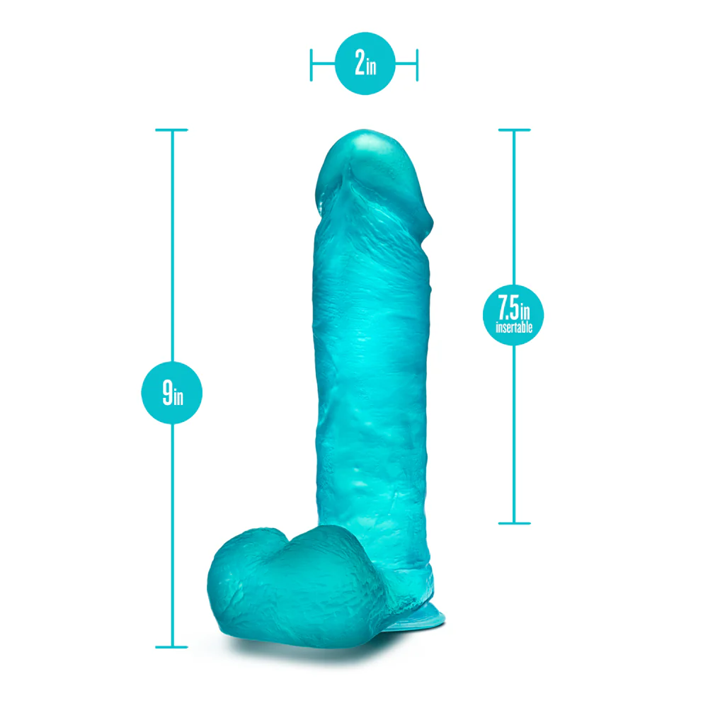 B Yours Plus Mount n' Moan 9 in. Dildo with Balls Teal - Image 6