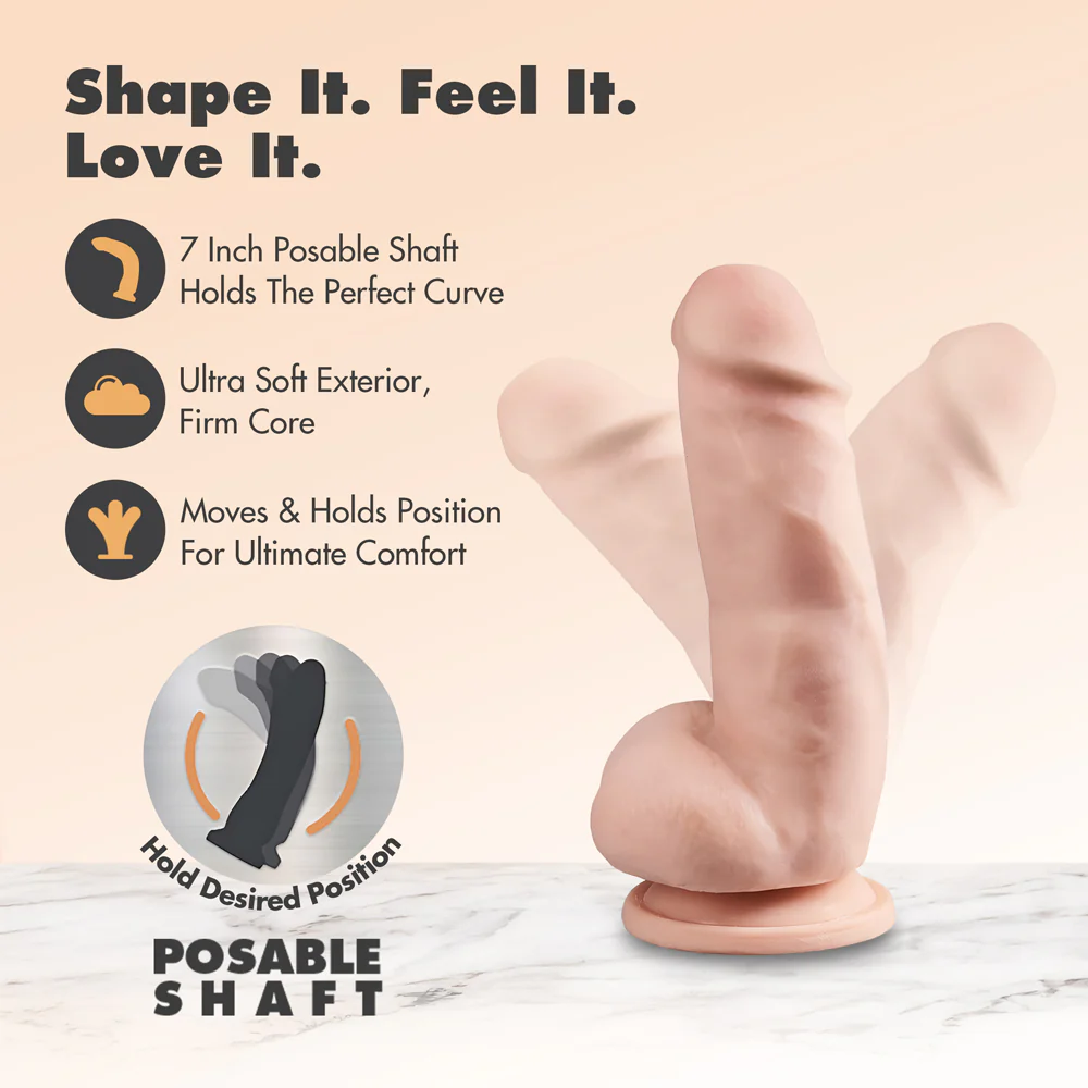 Dr. Skin Plus Girthy 7 in. Triple Density Posable Dildo with Balls Beige - Image 6