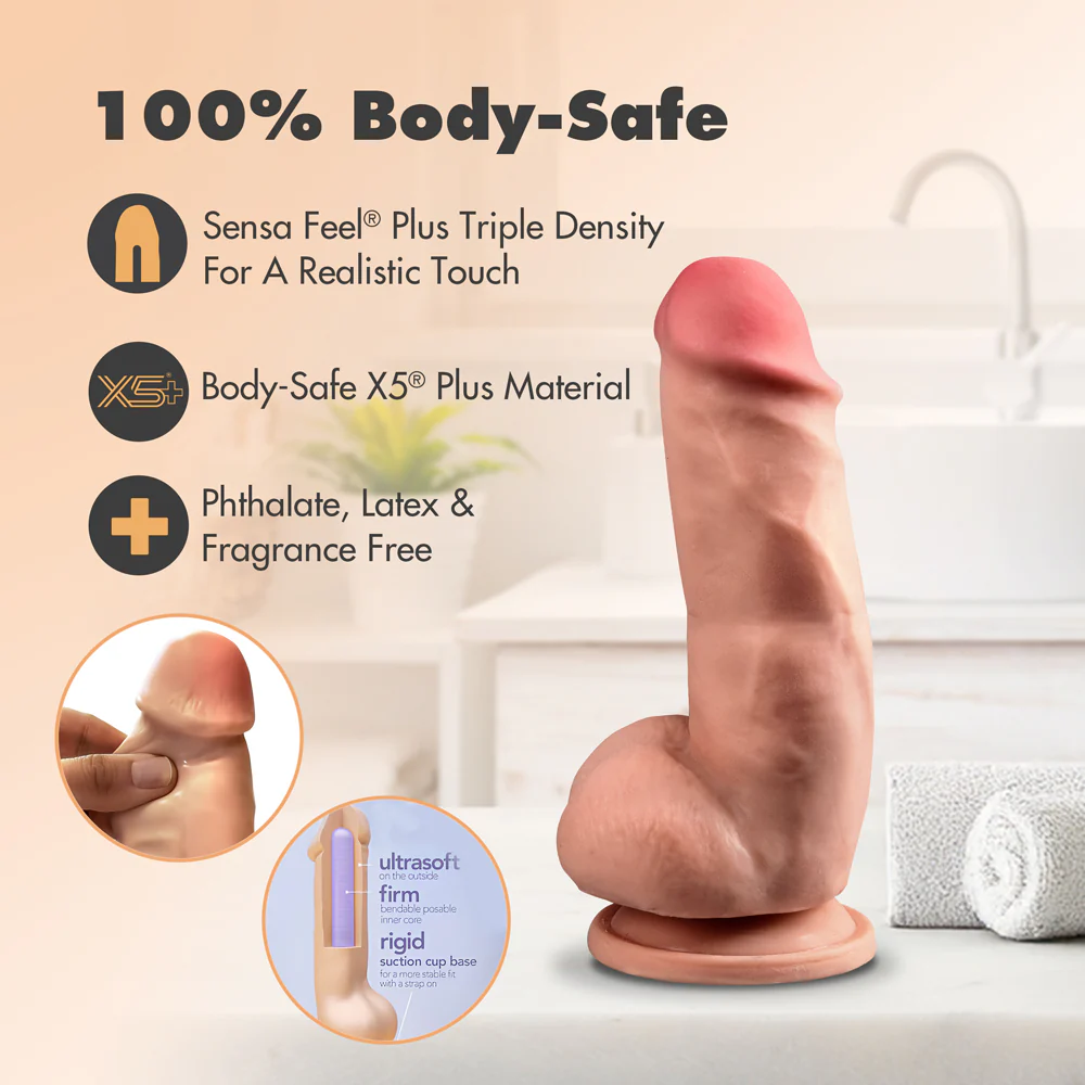 Dr. Skin Plus Girthy 7 in. Triple Density Posable Dildo with Balls Tan - Image 10
