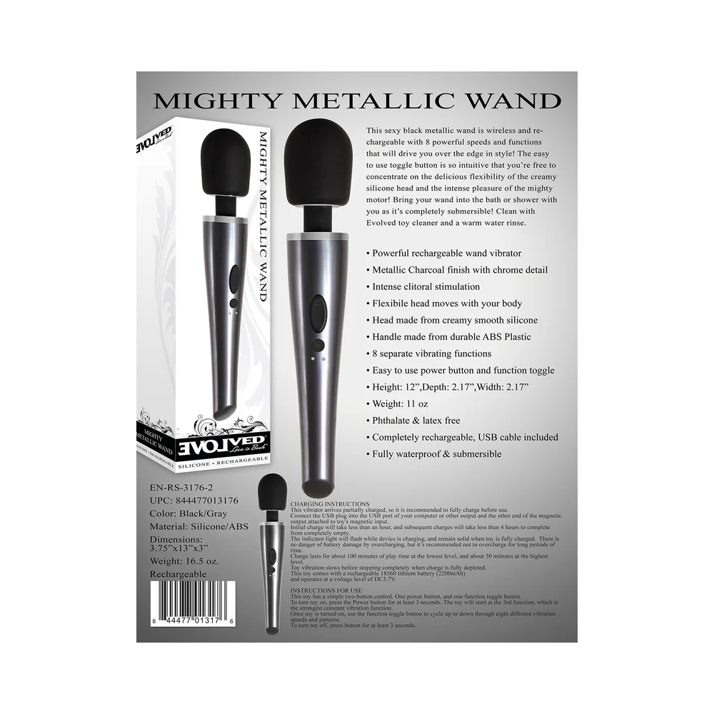 Evolved Mighty Metallic Wand Rechargeable Silicone Wand Vibrator Chrome/Black - Image 9