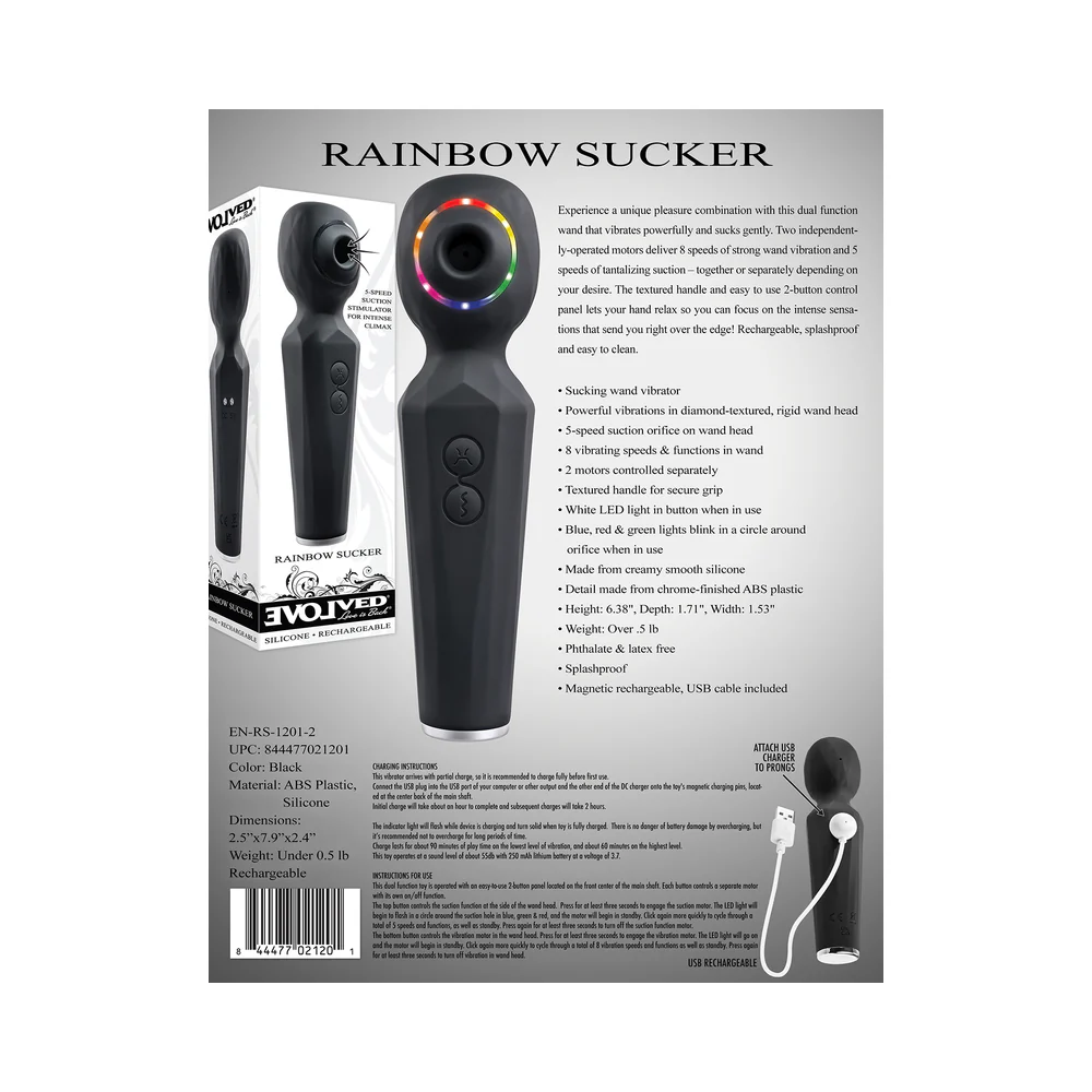 Evolved Rainbow Sucker Light-Up Rechargeable Dual-Function Silicone Suction Wand Vibrator Black - Image 9