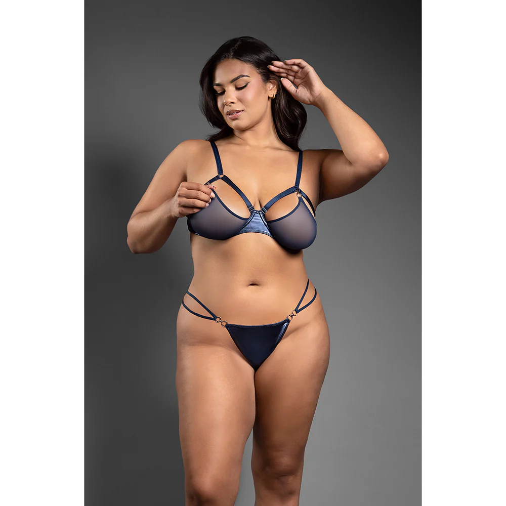 Fantasy Lingerie Domina Metallic Cage Bra with Openable Mesh Cups & Crotchless Panty Queen Size - Image 3