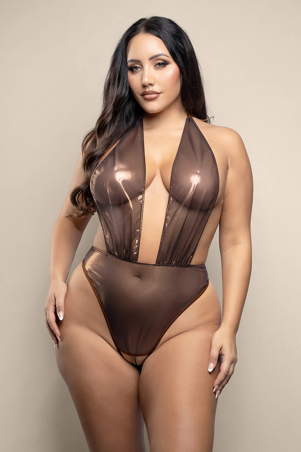 Fantasy Lingerie Opulence Crotchless Pearl Plunge Halter Teddy with Adjustable Pearl G-String Chocolate Queen Size - Image 2