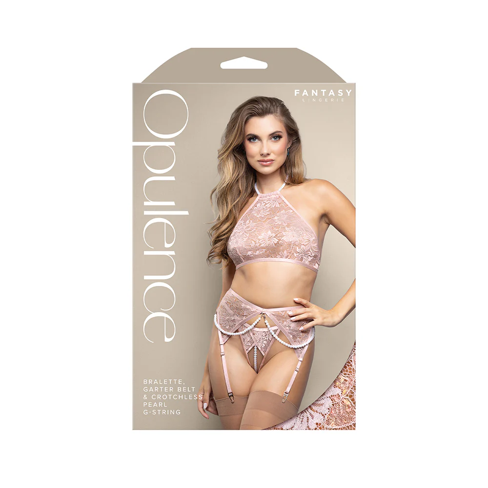 Fantasy Lingerie Opulence Pearl Halter Bralette, Garter Belt & Crotchless Pearl G-String Light Pink L/XL
