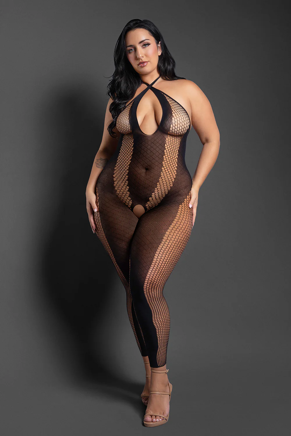 Fantasy Lingerie Sheer Make Your Move Footless Open-Crotch Halter Bodystocking Black Queen Size - Image 2
