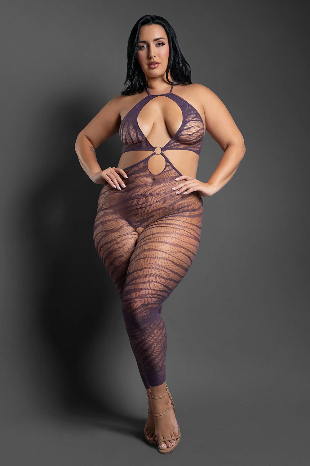 Fantasy Lingerie Sheer Set Me Free Footless Open-Crotch Halter Bodystocking Dark Purple Queen Size - Image 2