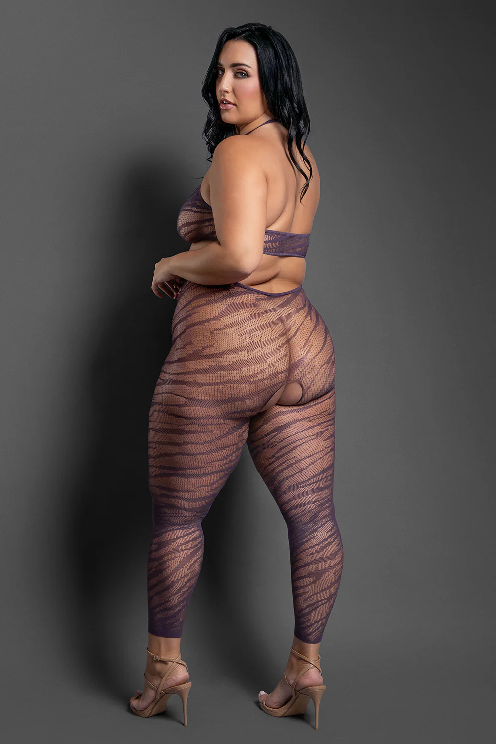 Fantasy Lingerie Sheer Set Me Free Footless Open-Crotch Halter Bodystocking Dark Purple Queen Size - Image 3