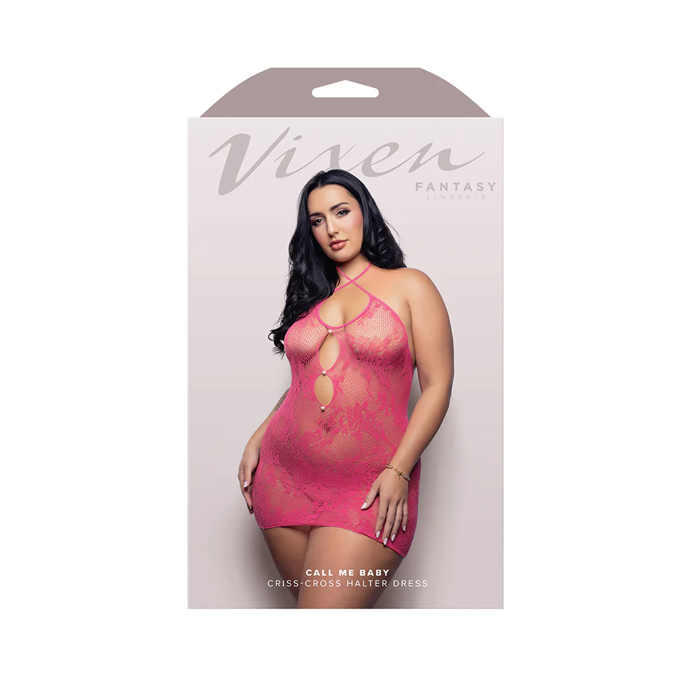 Fantasy Lingerie Vixen Call Me Baby Criss-Cross Halter Tie Dress with Pearl Details Hot Pink Queen Size