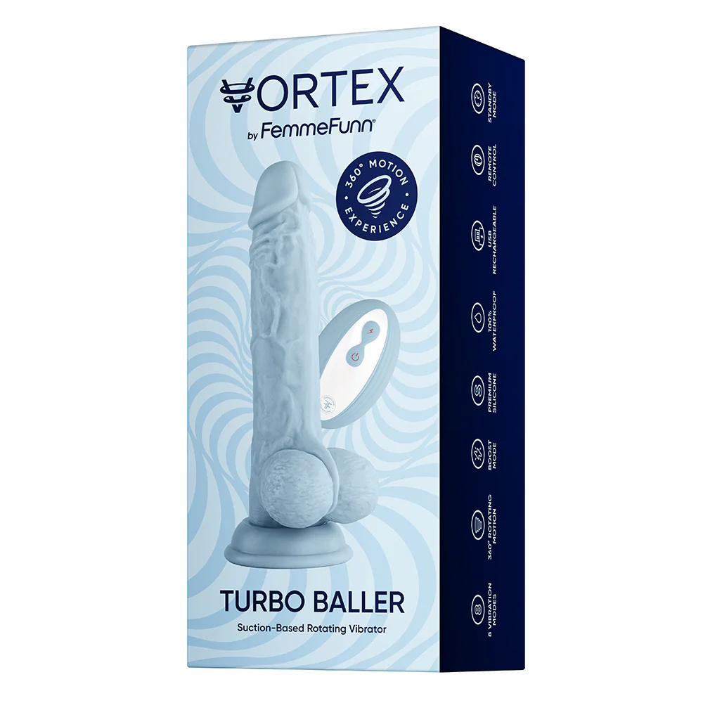 FemmeFunn Vortex Turbo Baller 2.0 8.25 in. Vibrating Rotating Dildo Light Blue - Image 9