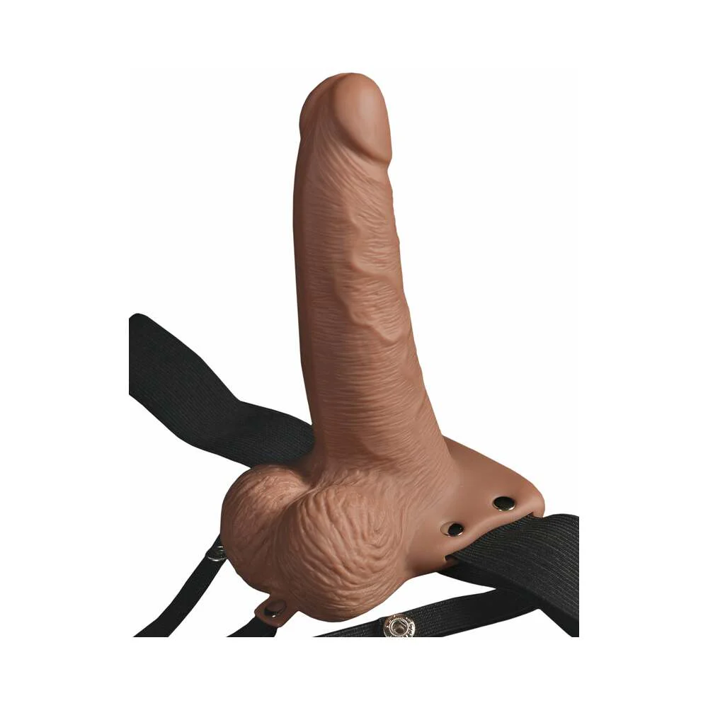 Fetish Fantasy Series Rechargeable Vibrating 6 in. Hollow Strap-On With Balls Tan/Black - Image 3