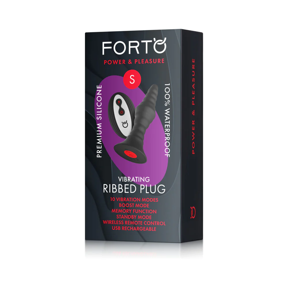 Forto Vibrating Ribbed Plug Rechargeable Remote-Controlled Silicone Anal Plug Small Black - Image 7