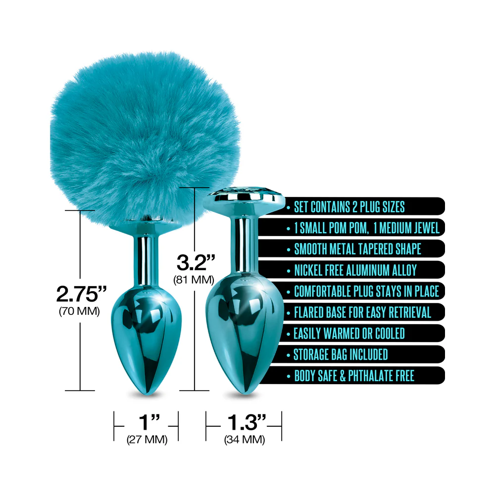 NIXIE Metal Butt Plug Set Pom Pom and Jewel-Inlaid Metallic Blue - Image 4