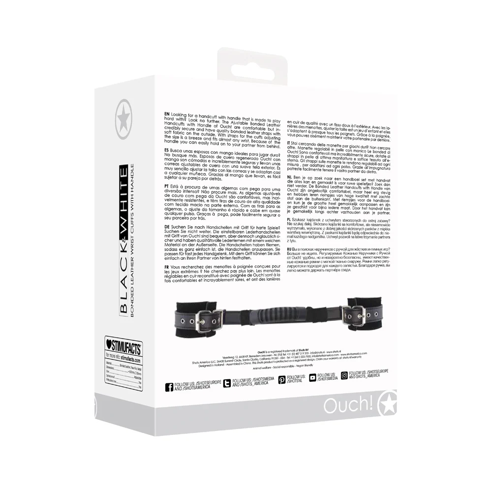 Ouch! Black & White Adjustable Bonded Leather Wrist Cuffs With Handle Black - Image 8