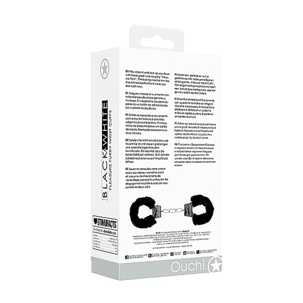 Ouch! Black & White Beginner Pleasure Furry Wrist Cuffs With Quick-Release Button Black - Image 2