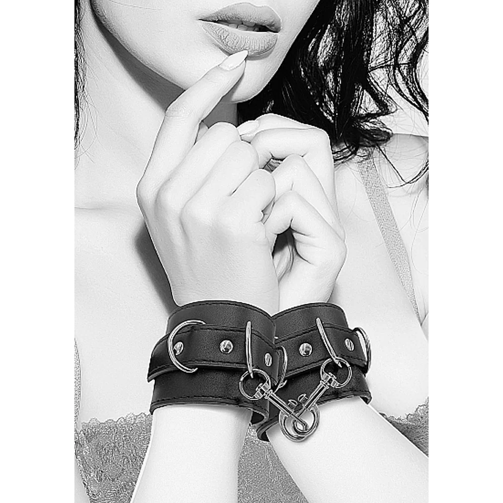 Ouch! Black & White Adjustable Bonded Leather Wrist or Ankle Cuffs Black - Image 7