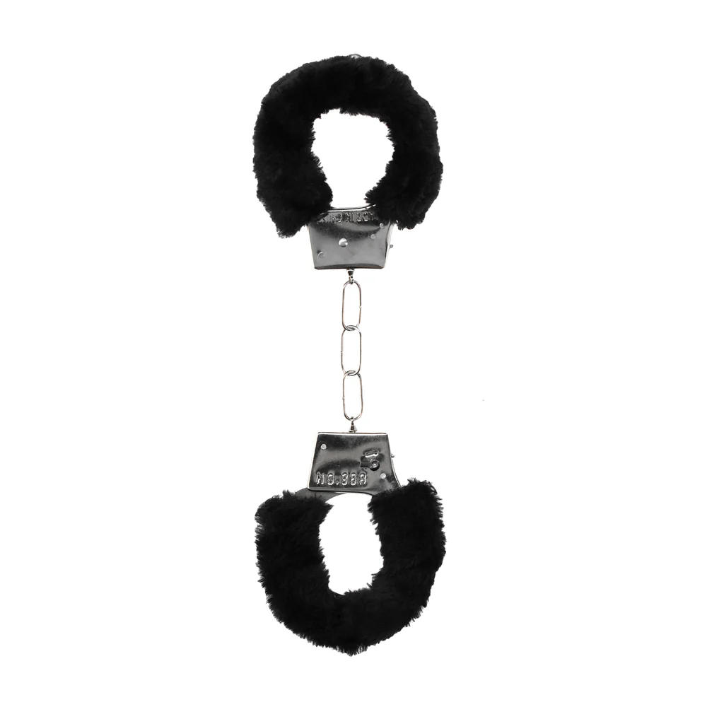 Ouch! Black & White Pleasure Furry Handcuffs with Quick-Release Button - Image 3