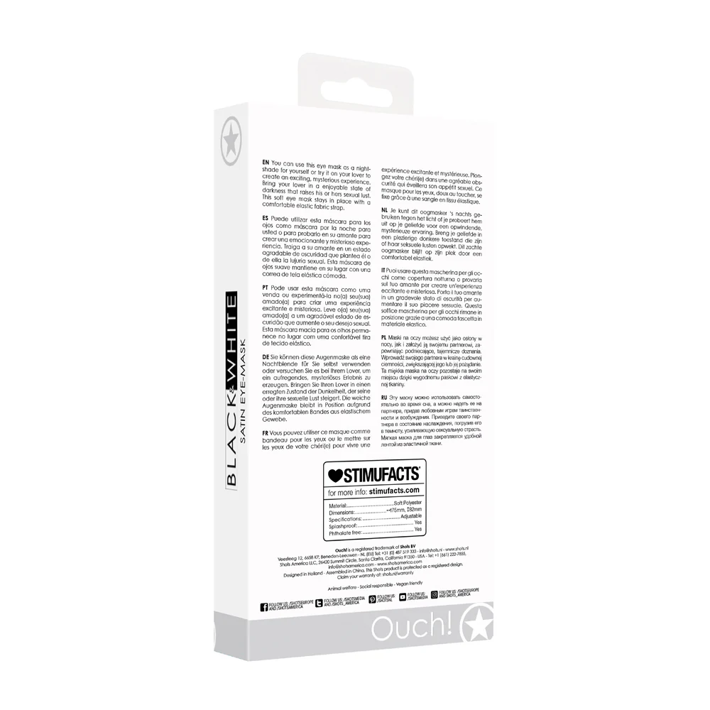 Ouch! Black & White Satin Eye Mask Blindfold Black - Image 4