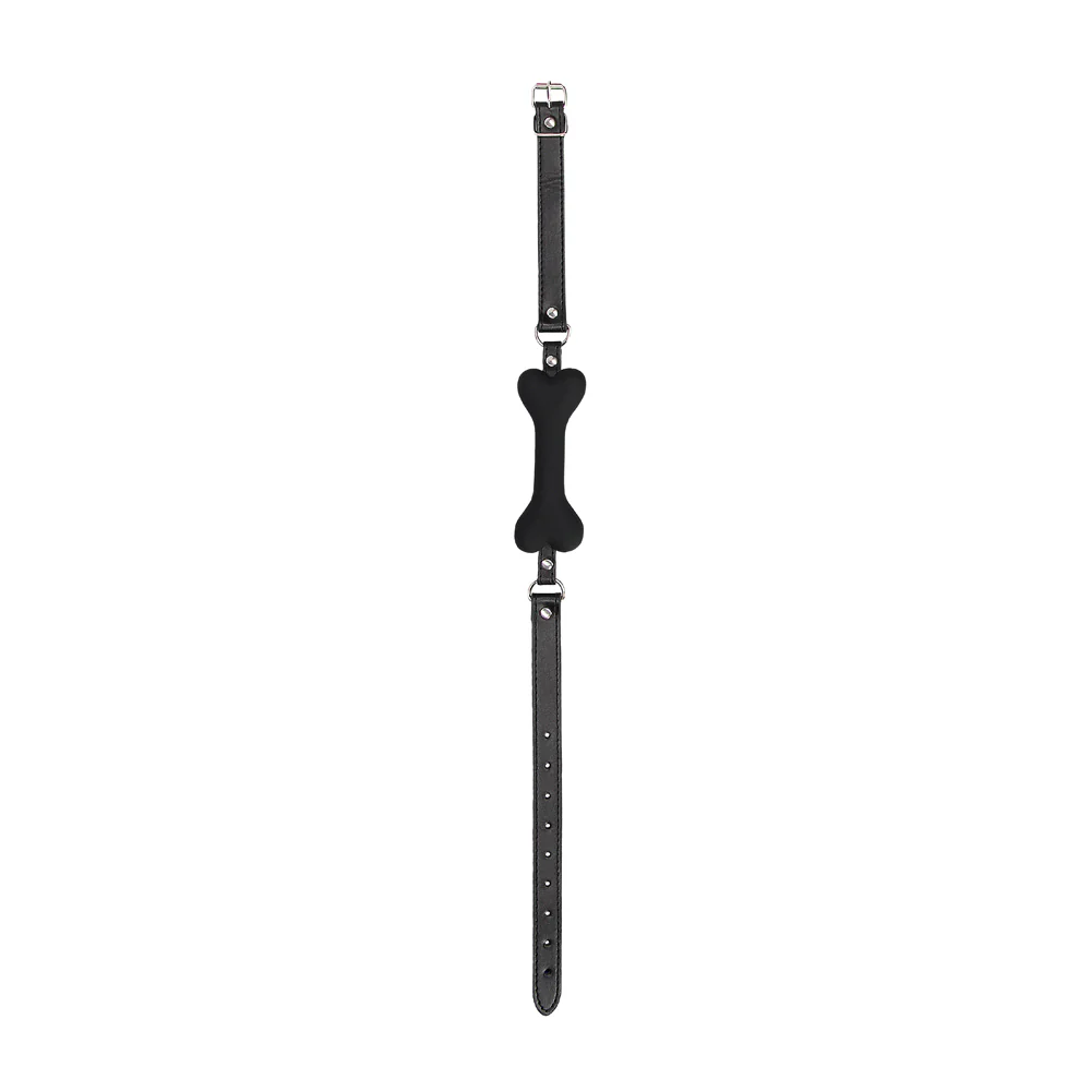 Ouch! Black & White Silicone Bone Gag With Adjustable Bonded Leather Straps Black - Image 3