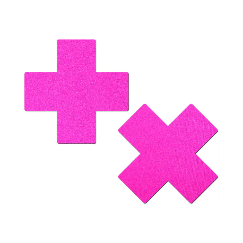 Pastease Plus X: Neon Pink Day-Glow Lycra Cross Nipple Pasties - Image 2