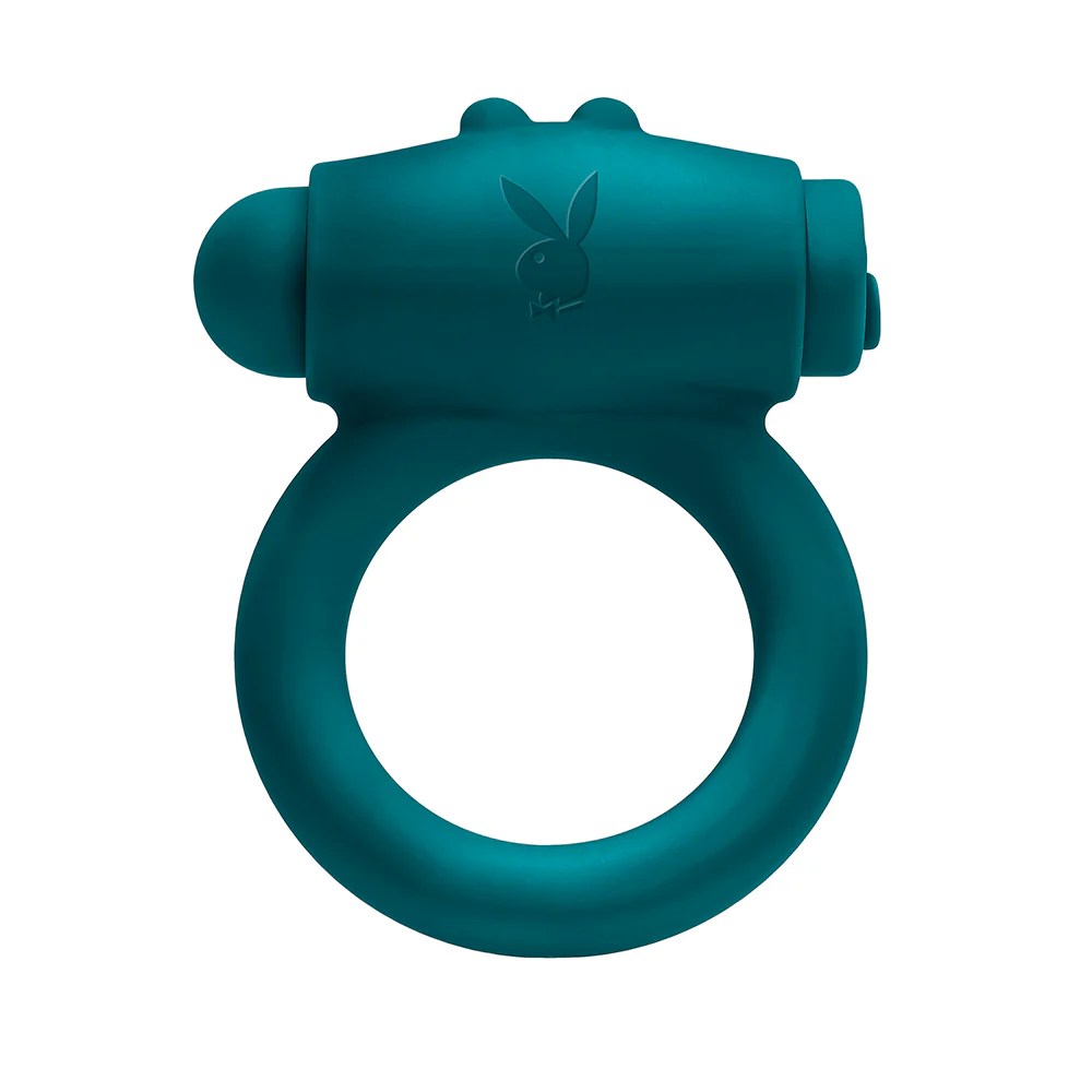 Playboy Bunny Buzzer Rechargeable Vibrating Silicone Cockring with Stimulator Deep Teal - Image 4