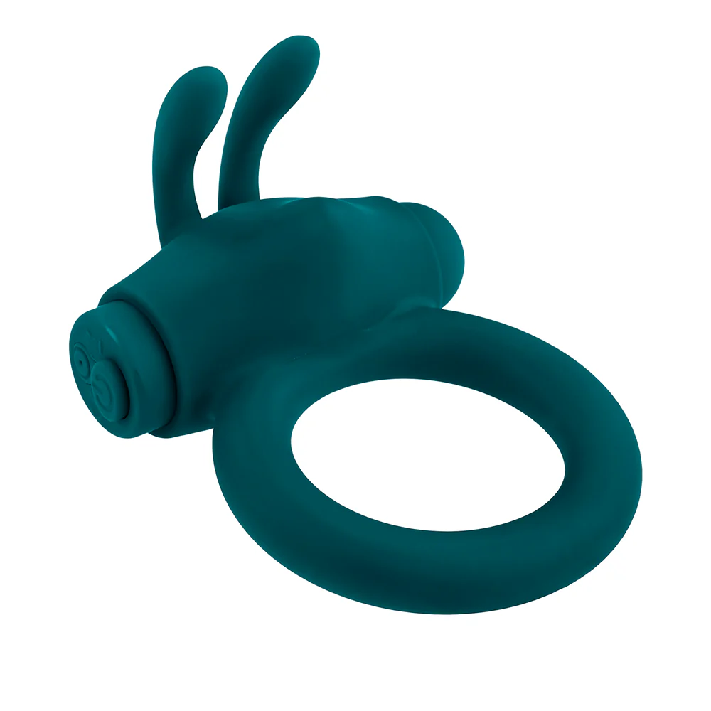 Playboy Bunny Buzzer Rechargeable Vibrating Silicone Cockring with Stimulator Deep Teal - Image 7