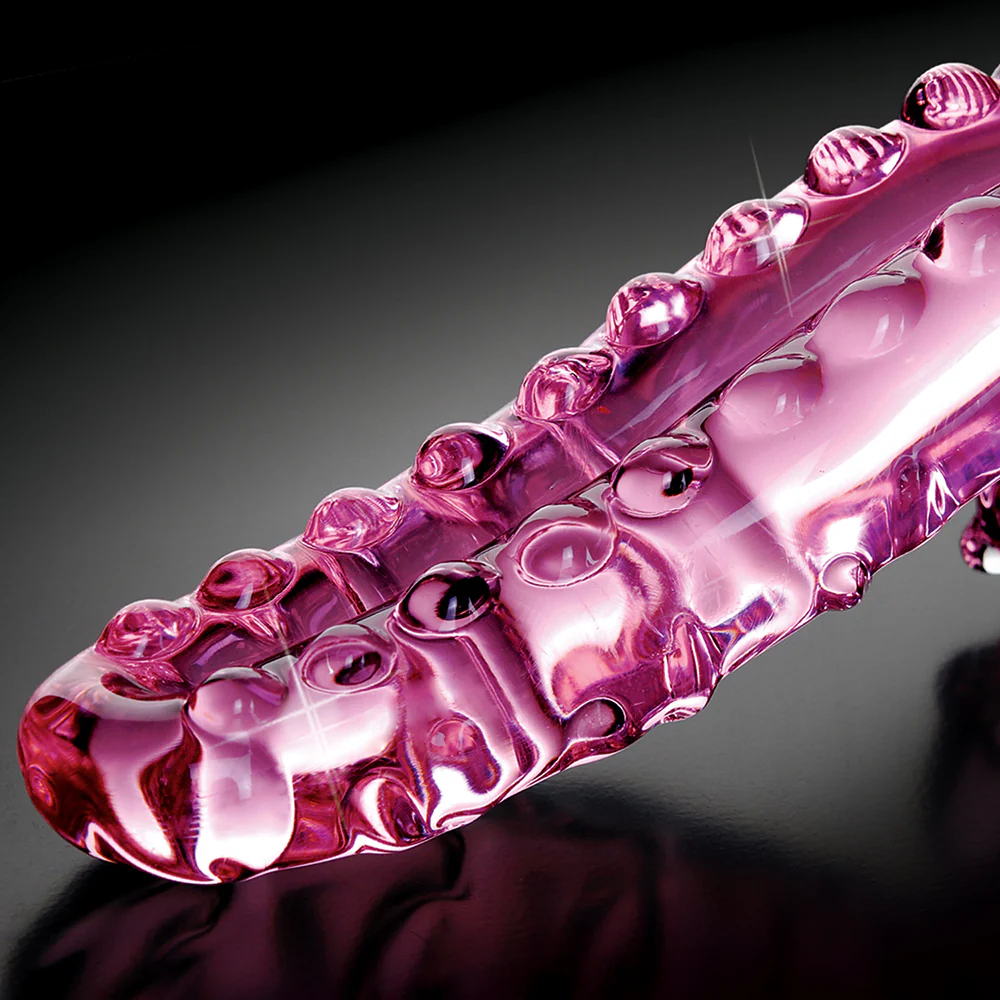 Icicles No. 24 Curved Textured 6 in. Glass Dildo With Handle Pink - Image 4