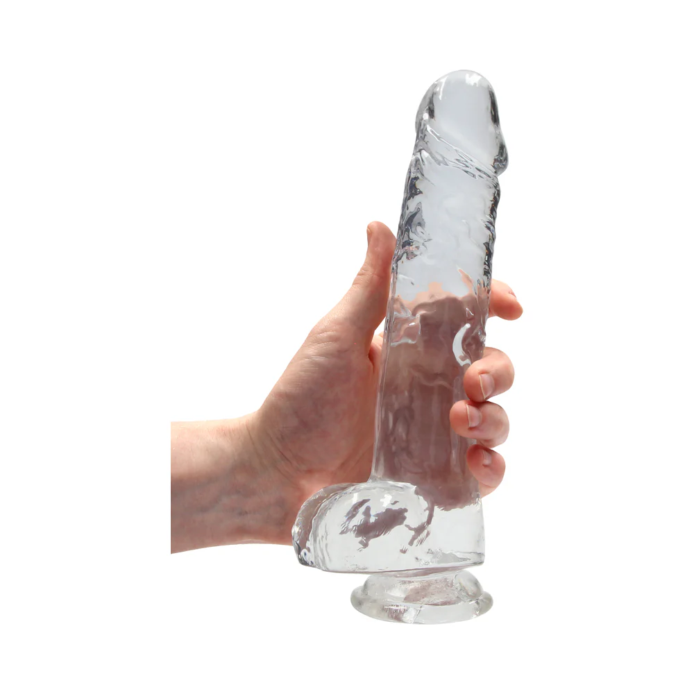 RealRock Crystal Clear Realistic 9 in. Dildo With Balls and Suction Cup Clear - Image 6