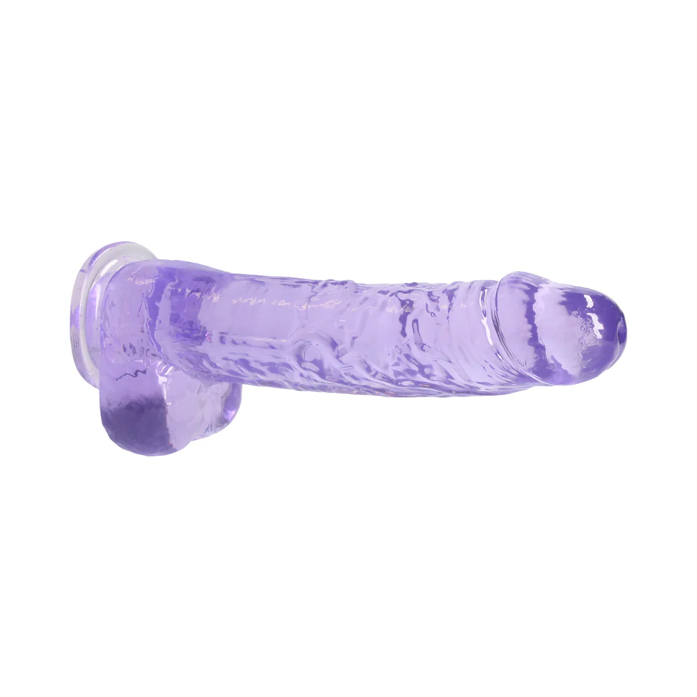 RealRock Crystal Clear Realistic 9 in. Dildo With Balls and Suction Cup Purple - Image 4