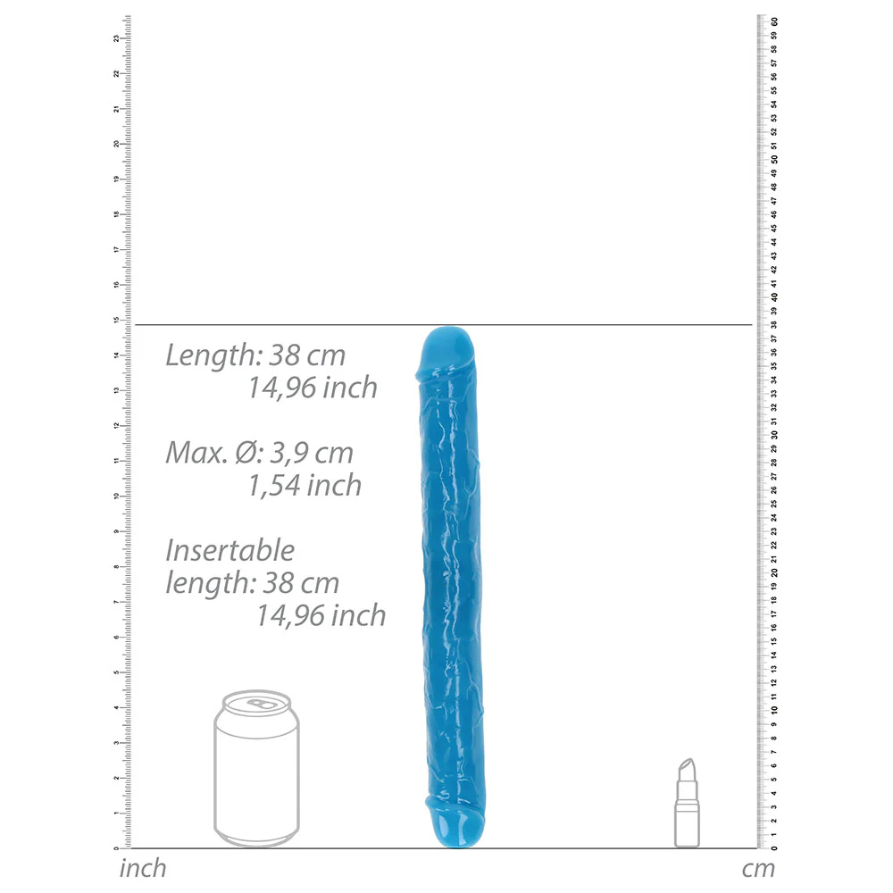 RealRock Glow in the Dark Double Dong 15 in. Dual-Ended Dildo Neon Blue - Image 6