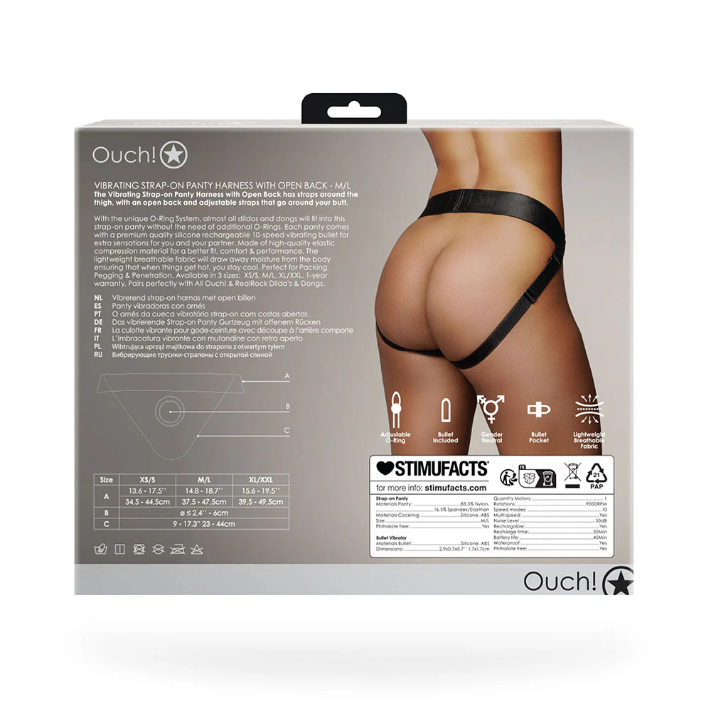 Ouch! Vibrating Strap-on Panty Harness with Open Back Black M/L - Image 11