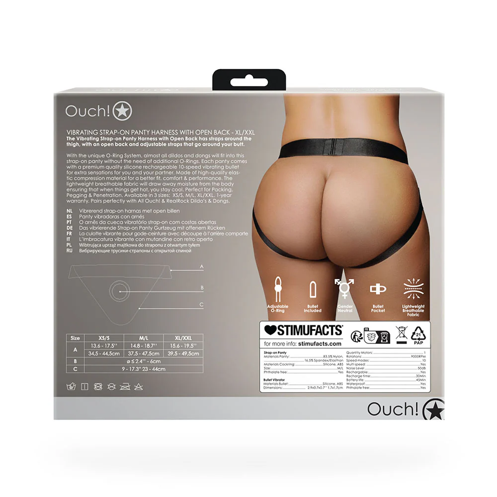 Ouch! Vibrating Strap-on Panty Harness with Open Back Black XL/2XL - Image 11