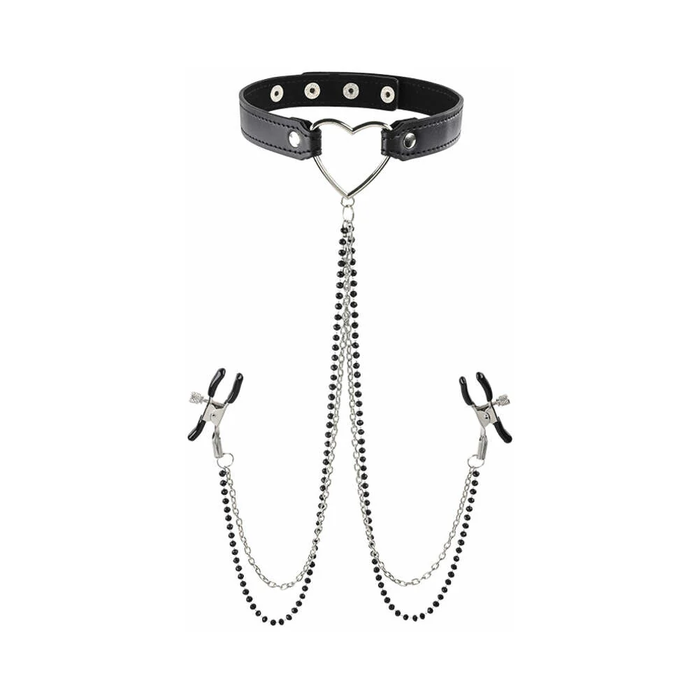 Sportsheets Sex & Mischief Amor Adjustable Collar with Nipple Clamps Black - Image 2