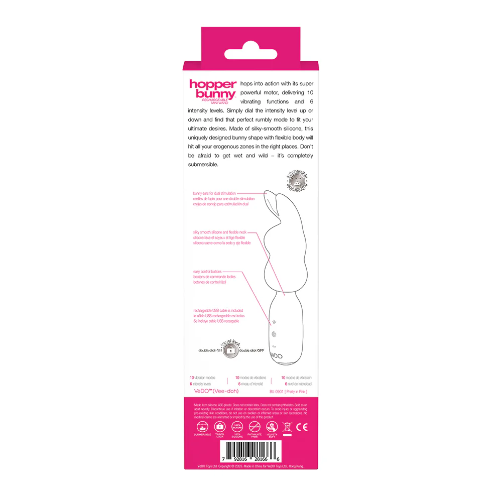 VeDO Hopper Bunny Rechargeable Silicone Mini Wand Vibrator Pink - Image 5