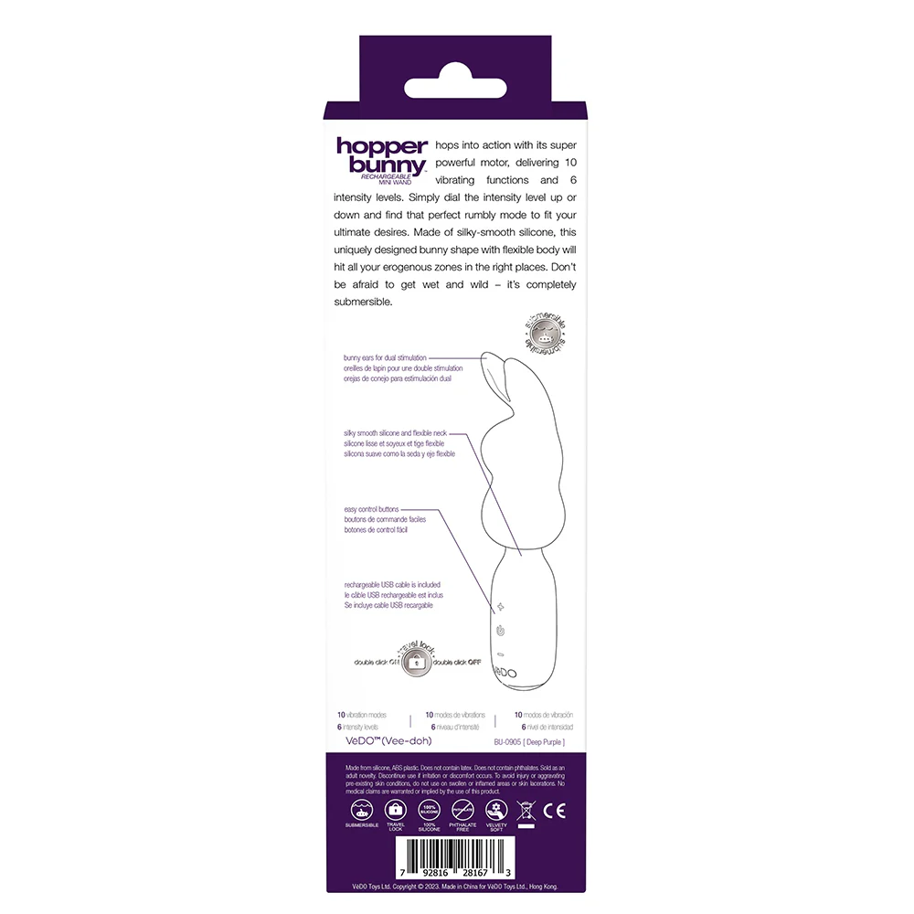 VeDO Hopper Bunny Rechargeable Silicone Mini Wand Vibrator Purple - Image 5