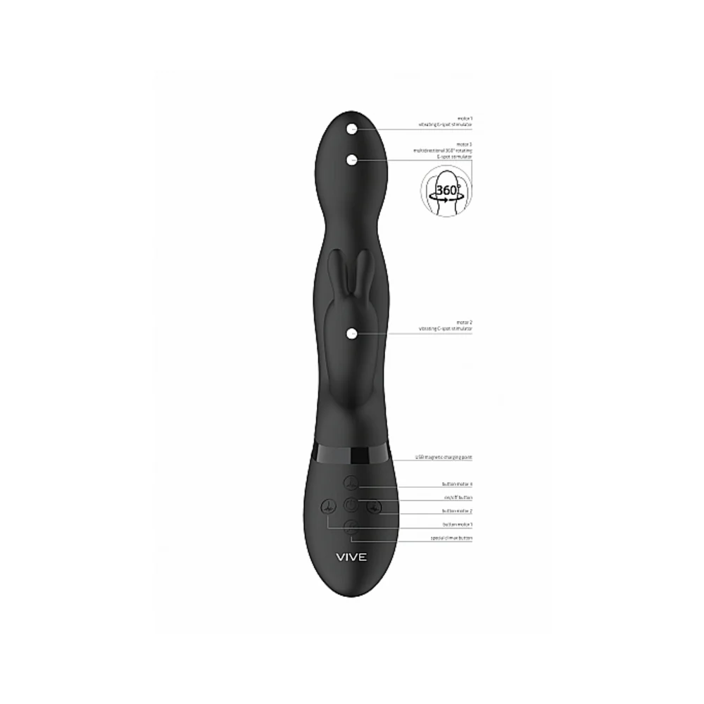 VIVE NIVA Rechargeable 360° Rotating Silicone Rabbit Vibrator Black - Image 8