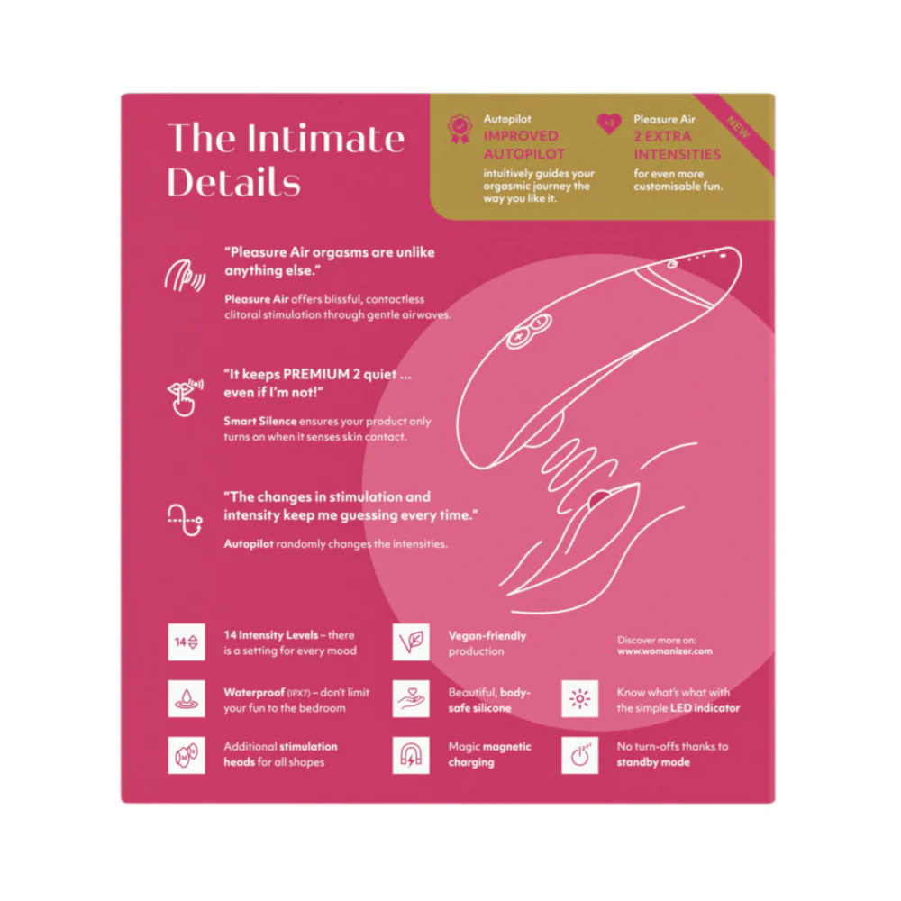 Womanizer Premium 2 Rechargeable Silicone Luxurious Pleasure Air Clitoral Stimulator Raspberry - Image 13